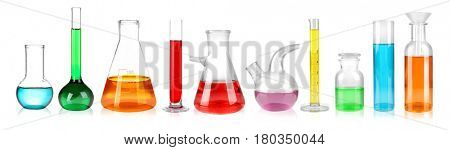 Set of laboratory glassware on white background 
