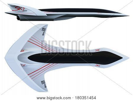 Design concept supersonic aircraft business class line horizon. The project was developed on the basis of technical laws of aerodynamics. 3D illustration.