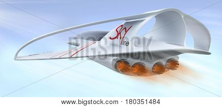 Design concept supersonic aircraft business class line horizon. The project was developed on the basis of technical laws of aerodynamics. 3D illustration.
