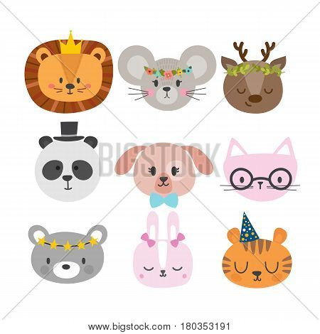 Cute Animals With Funny Accessories. Set Of Hand Drawn Smiling Characters. Cat, Lion, Panda, Dog, Ti