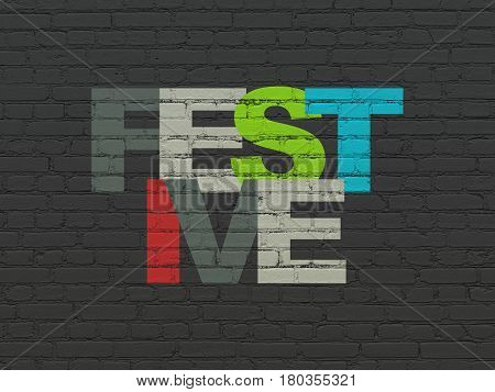 Holiday concept: Painted multicolor text Festive on Black Brick wall background