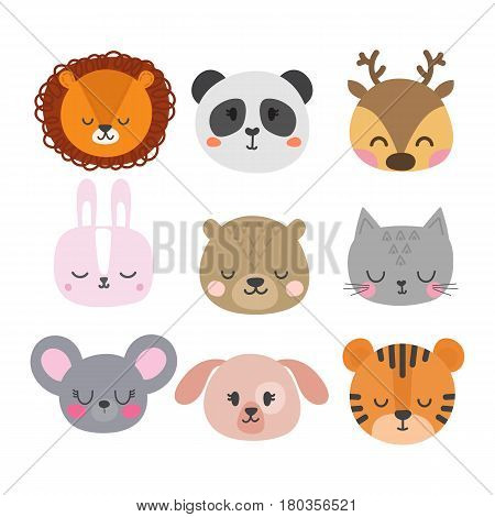 Set Of Cute Hand Drawn Smiling Animals. Cat, Bunny, Lion, Panda, Tiger, Dog, Deer, Mouse And Bear. C