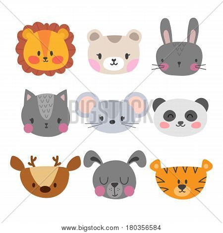 Set Of Cute Hand Drawn Smiling Animals. Cat, Lion, Panda, Tiger, Dog, Deer, Bunny, Mouse And Bear. C