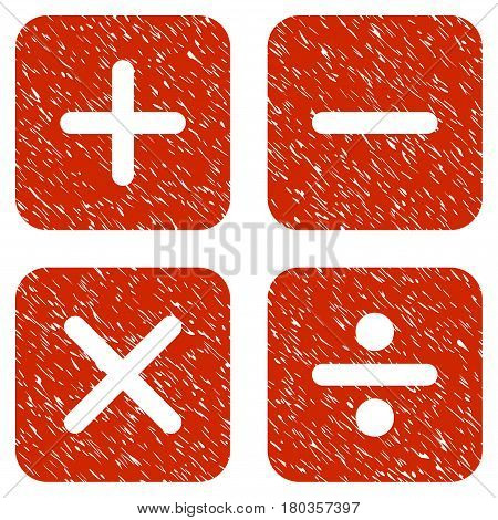 Grunge Calculator icon with grunge design and unclean texture. Unclean vector red pictogram for rubber seal stamp imitations and watermarks. Draft sticker symbol.