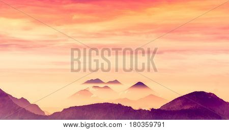 Silhouette of volcano landscape in the mountains by Quetzaltenango