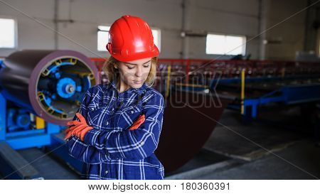 Beautiful Woman In Red Safety Helmet Work As Industrial Worker