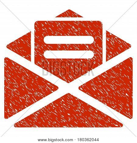 Grunge Open Mail icon with grunge design and scratched texture. Unclean vector red pictogram for rubber seal stamp imitations and watermarks. Draft sticker symbol.
