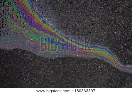 Brilliant iridescent rivulet from oil or gasoline on a asphalt road with withered foliage, ecological issues
