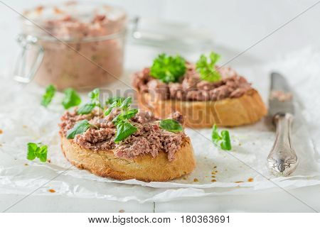 Tasty Bruschetta With Fegatini And Herbs For A Breakfast