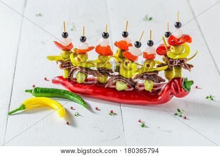 Delicious Banderillas With Peppers, Olives And Anchovies For A Party