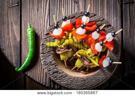 Spicy Banderillas With Peppers, Olives And Anchovies For Spanish Corrida