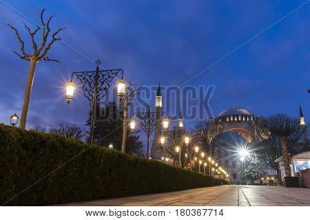 Evening long exposure view of the Hagia Sophia on the Sultanahmet Square in Istanbul TURKEY ISTANBUL - MARCH 2017