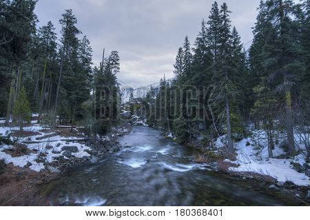 Spring thaw in the snowy mountains of Icicle Creek in Wenatchee National Forest Washington. HDR image.