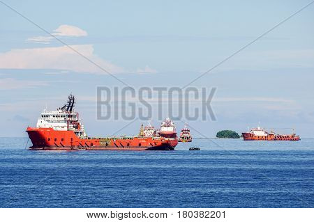 Labuan,Malaysia-Mac 25,2017:Multi function offshore support/platform supply vessels in Labuan,Malaysia.All the vessels in Labuan island,most related to the offshore Oil & Gas industry.