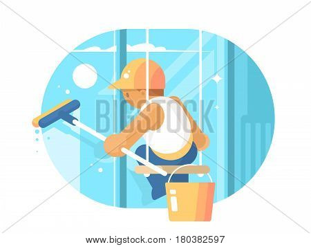 Window cleaner washes glass hanging on ropes. Vector flart illustration