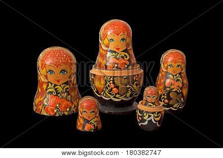 Matryoshka Dolls Isolated on Black Background with Clipping Path