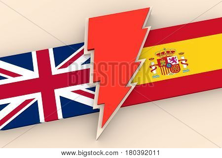 Image relative to politic situation between Great Britain and Spain. Politic process named as brexit. National flags and lighting. 3D rendering