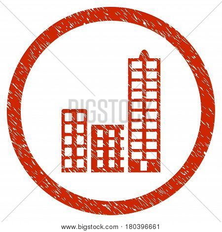 City grainy textured icon inside circle for overlay watermark stamps. Flat symbol with dirty texture. Circled vector red rubber seal stamp with grunge design.