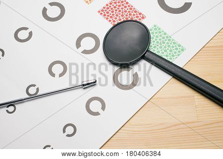 Eye shield and indicating stick on the eyesight test chart(Landolt ring)
