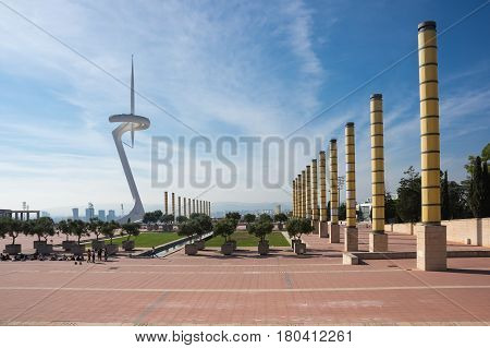 BARCELONA, SPAIN - OCTOBER 23, 2015: Torre Calatrava and Torre Telefonica is a telecommunication tower in the Montjuic hill of Barcelona Catalonia Spain