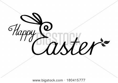 Happy Easter text with bunny ears. Black lettering on white background.
