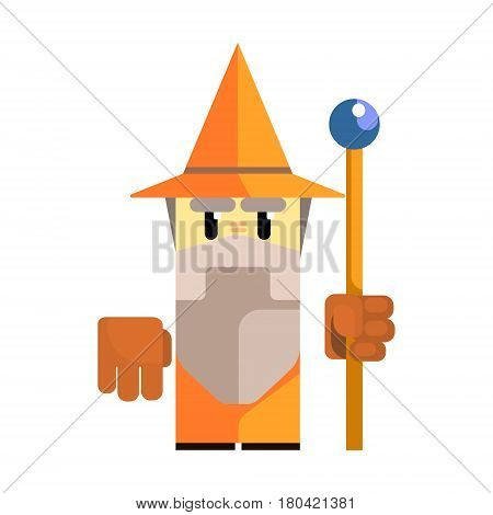 Cute cartoon gnome in an orange hat with a staff in his hands. Fairy tale, fantastic, magical colorful character isolated on a white background