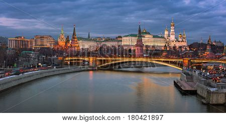 Kremlin and Bolshoy Kamenny Bridge in the Evening Moscow Russia