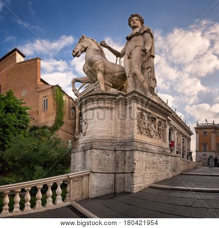 Statue of Castor at the Cordonata Stairs to the Piazza del Campidoglio Square at the Capitoline Hill Rome Italy