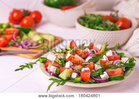 Traditional Bulgarian Salad Shopski With Fresh Vegetables And Feta