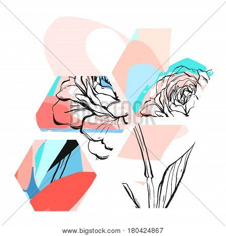 Hand made vector abstract textured trendy creative universal collage with floral peony motif isolated on white background with different textures and shapes.Modern spring design.Hand made craft erts