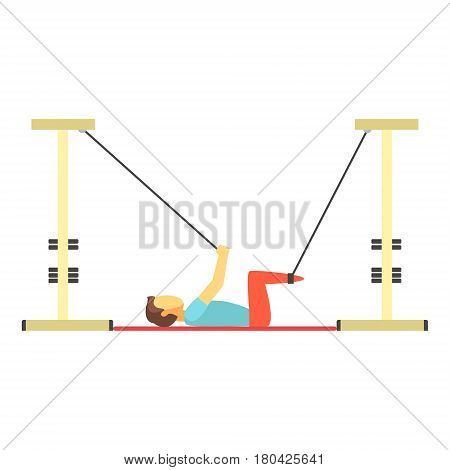Man doing exercises using special ropes for intense body training, trx training. Healthy lifestyle and rehabilitation. Colorful cartoon character isolated on a white background