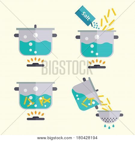 Pasta cooking recipe. Spaghetti or noodles making instruction in steps. Flat design manual vector illustration.
