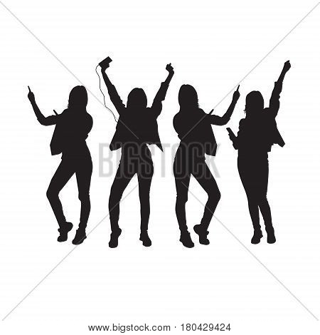 Dancing Girl Group Black Silhouette Female Figure Isolated Over White Background Vector Illustration