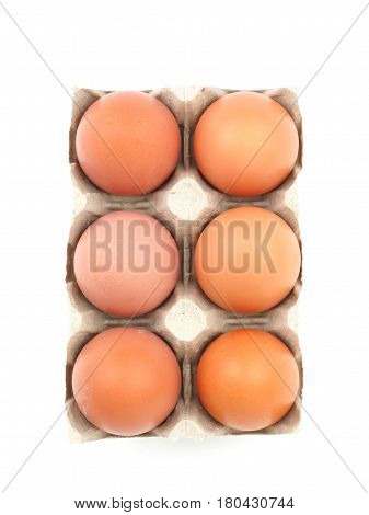 Organic eggs in paperboard egg cartons isolated on white