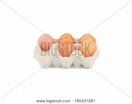 Organic eggs in paperboard egg cartons isolated on white