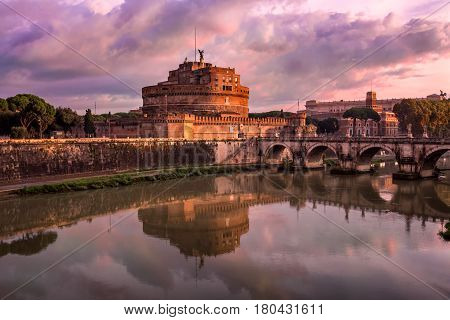 Hadrian Masoleum and Sant Angelo Bridge in the Morning Rome Italy