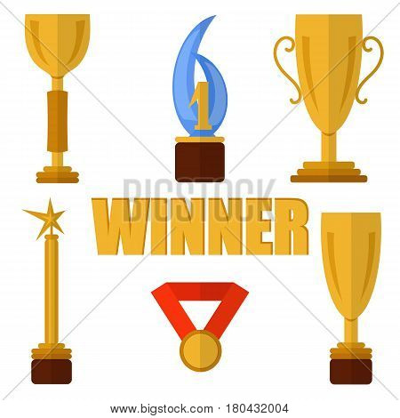 Flat illustration inscription winner with cups trophy sport achievements.