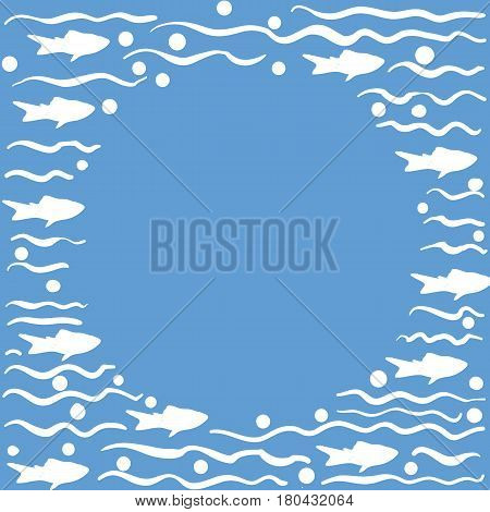 Round template with fish hand drawn with brush pen inc. Vector.