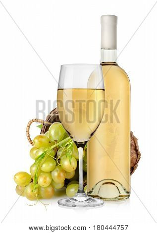 Wineglass and  grapes in a wooden basket isolated