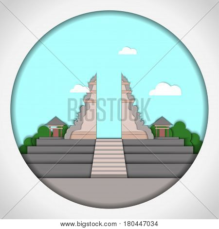Paper applique style Card with application of Temple of Lempuyang, Bali. Postcard.
