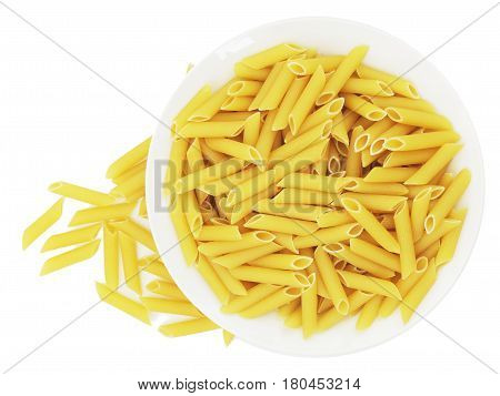 Organic raw penne pasta in the blow on white background