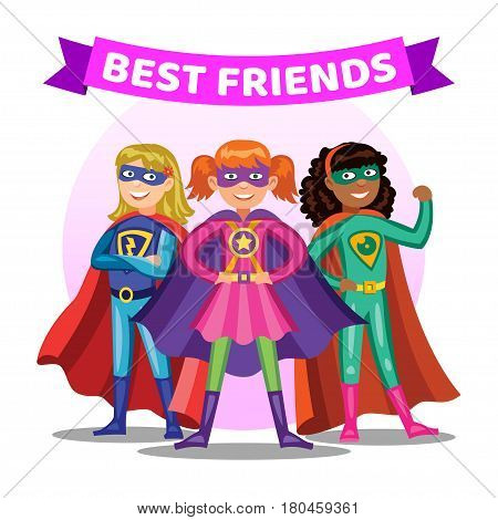 Three cartoon super heroines. Girls in colorful superhero costumes. Kids best friends. Vector illustration