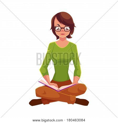 Full length portrait of girl, woman in glasses reading book while sitting with legs crossed, cartoon vector illustration isolated on white background. Girl, woman sitting legs crossed, reading book