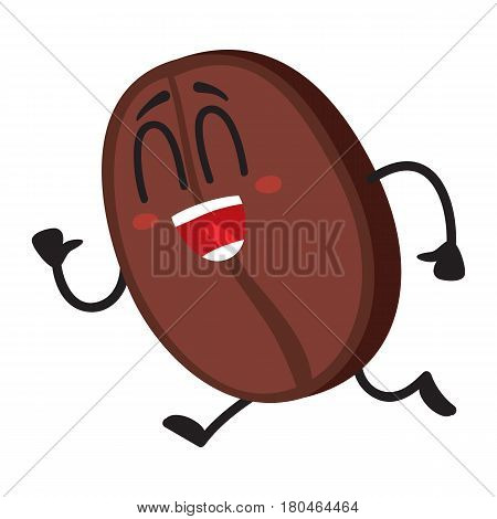 Funny, crazy looking coffee bean character with human face running, hurring somewhere, cartoon vector illustration isolated on white background. Crazy coffee bean character, mascot, design element