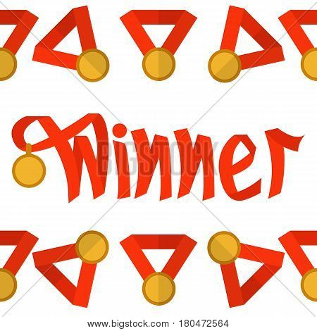 Word winner made with red ribbon with medal. Vector. Symbolizes victory, success.