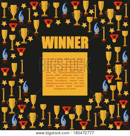 Black templater with sport cups, medals and word winner, round design, flat. Vector.