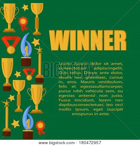 Green templater with sport cups, medals and word winner, flat. Vector.