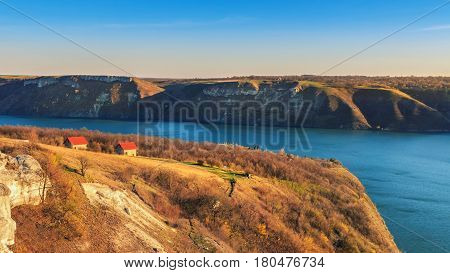 Dniester canyon and river in national park Podillya Tovtry. Bakota Ukraine