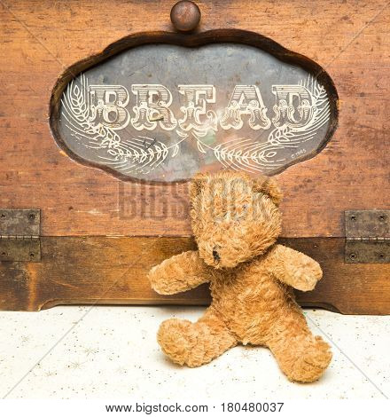 Brown Teddy Bear Sitting In Front Of An Old Bread Box