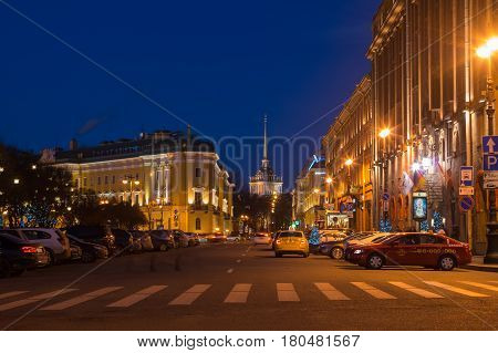 SAINT- PETERSBURG RUSSIA - DECEMBER 27 2015: Saint Isaac's Square or Isaakiyevskaya Ploshchad in Saint Petersburg Russia is a major city square sprawling between the Mariinsky Palace and Saint Isaac's Cathedral